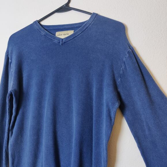 Color Siete Men's Textured Cotton V Neck Sweater Elbow Patches Blue Small - Picture 5 of 13